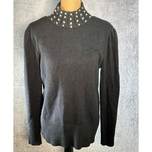 New‎ York & Company L Black Embellished Mock Neck Sweater  Rhinestone Studded